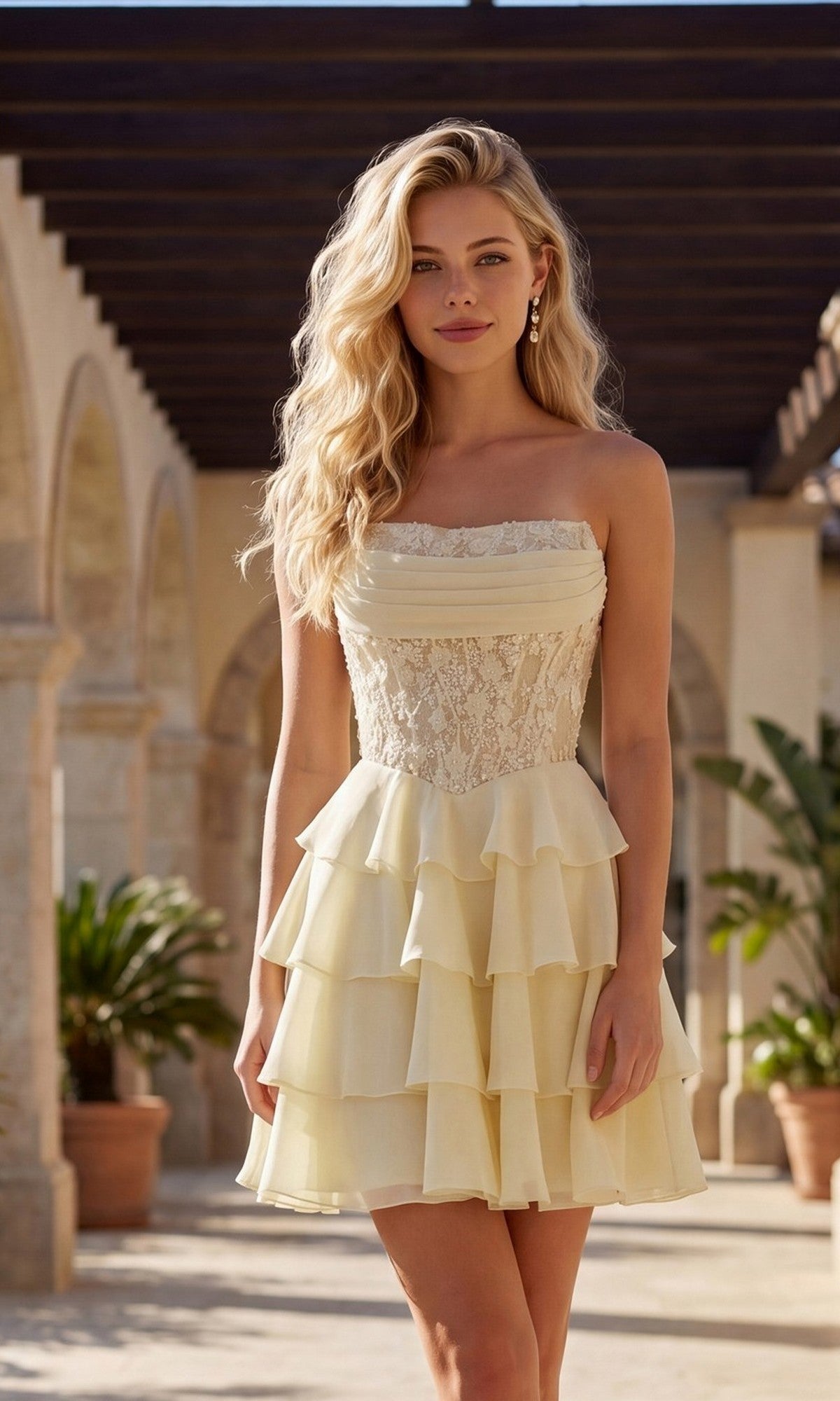A woman with long blonde hair wears the Nox Anabel Q7121 short homecoming dress in lemon, featuring a strapless design and tiered ruffle skirt, as she stands outdoors near stone arches and potted plants.